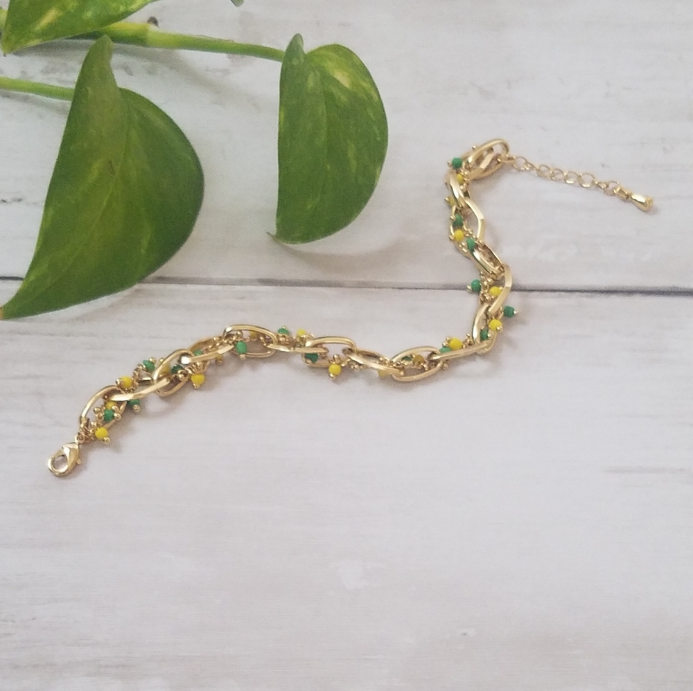 Emma Green & Yellow Glass Bead Woven 18Karat Gold Plated Bracelet